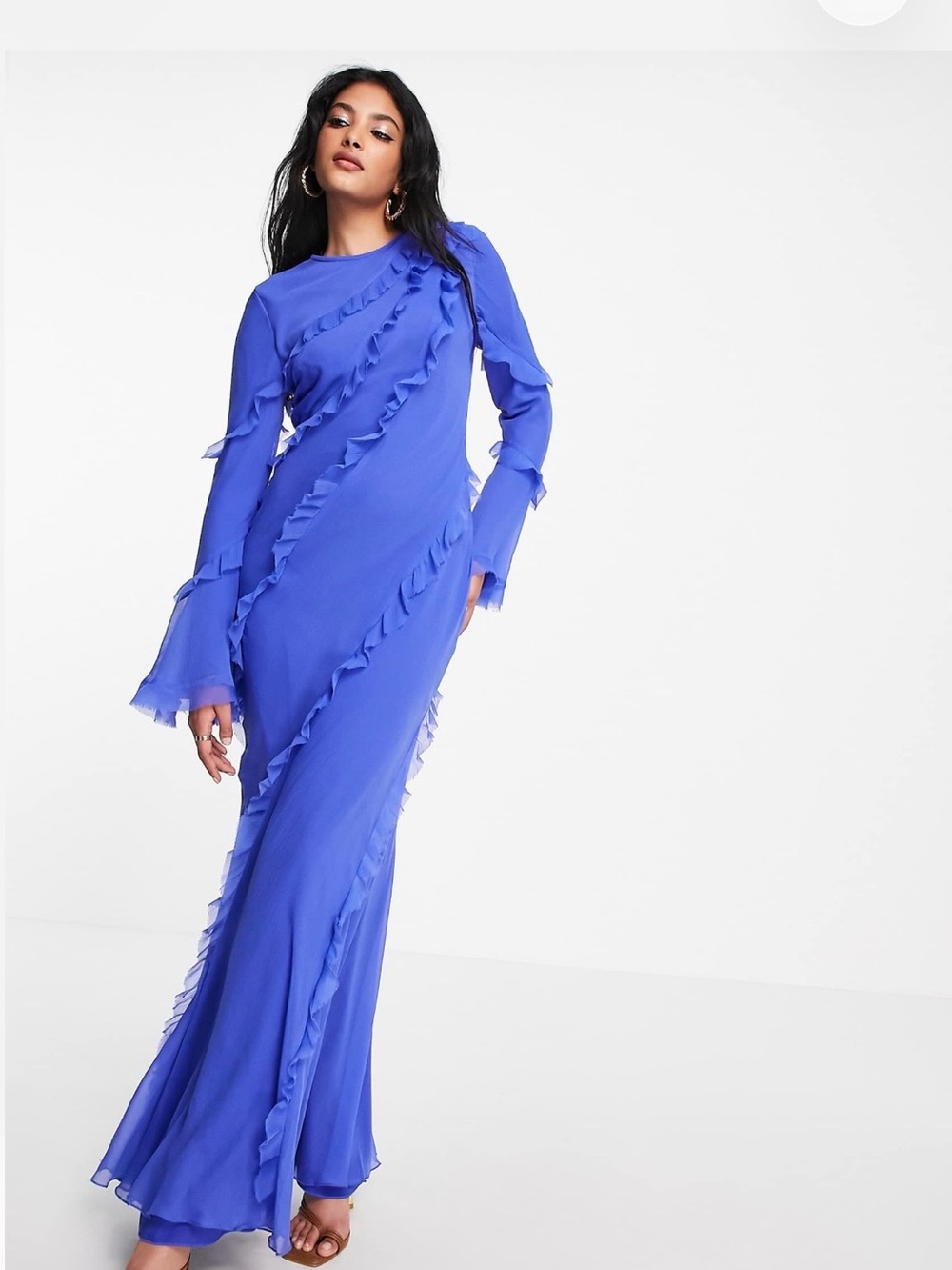 ASOS Cobalt Blue Ruffle-Trim Long Sleeve Maxi Dress